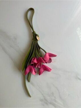 Pink Leather Flower Tassel Keychain Bag Charm with Olive Green Strap